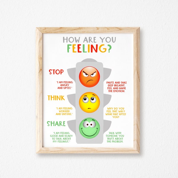 Traffic Light Feelings Printable-Stop Think Share Print-Mental Health Poster-Self Regulation Poster-School Counselor Office Sign-Classroom