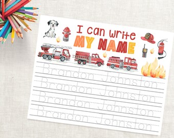 Hoja de práctica de escritura personalizada para trazar nombres - Hoja de práctica de escritura a mano - Descarga de hoja de práctica de escritura personalizada para trazar nombres - Práctica de nombres para jardín de infantes - Camión de bomberos
