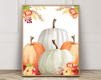 Arte para imprimir com abóboras e flores - Decoração de abóboras - Arte para o Dia de Ação de Graças - Arte de outono - Arte de outono com abóboras - Download instantâneo - Decoração de arte de outono