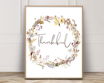 Thankful Printable-Thankful Print-Thankful Sign-Thanksgiving Printable-Fall Wreath Print-Grateful Thankful Blessed-Fall-Instant Download