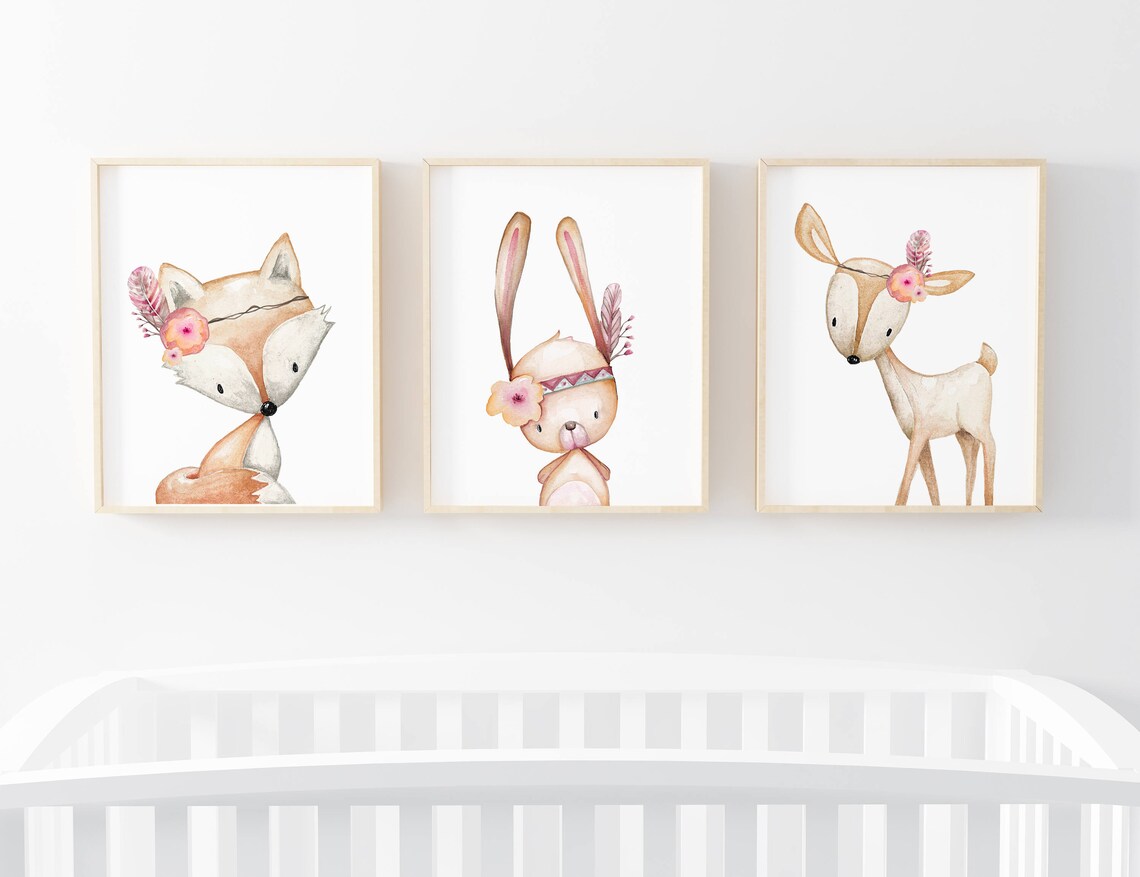 Watercolor Animals Nursery Prints-Set of 3 Printables-Girl | Etsy