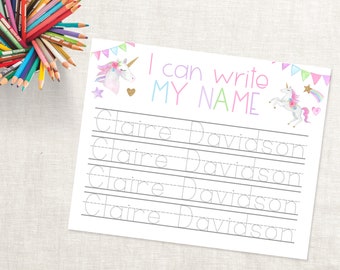 Hoja de trazado de nombres personalizada - Hoja de práctica de escritura a mano - Descarga de trazado de nombres personalizado - Práctica de nombres para jardín de infantes - Unicornio preescolar