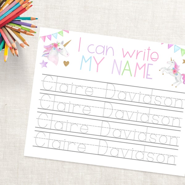 Custom Name Tracing Sheet-Handwriting Practice Sheet-Custom Personalized Name Tracing Download-Kindergarten Name Practice-Unicorn Preschool