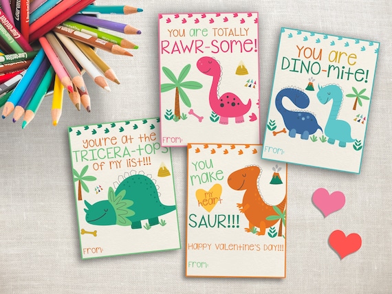 Printable Kids Valentine's Cards-Classroom Valentine's Day Cards-Dinosaur Valentines Cards-School Valentine Card Pack-Dinosaur School Cards