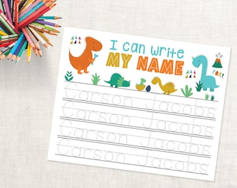 Hoja de caligrafía personalizada - Hoja de práctica de escritura a mano - Descarga de caligrafía personalizada - Práctica de nombres para jardín de infantes - Preescolar de dinosaurios