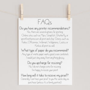 Pode incluir: Uma folha de papel branca com texto preto listando as perguntas frequentes (FAQ) sobre servi&ccedil;os de impress&atilde;o. O texto inclui perguntas sobre recomenda&ccedil;&otilde;es de impressoras, tipo de papel, redimensionamento e tempo de entrega das provas.