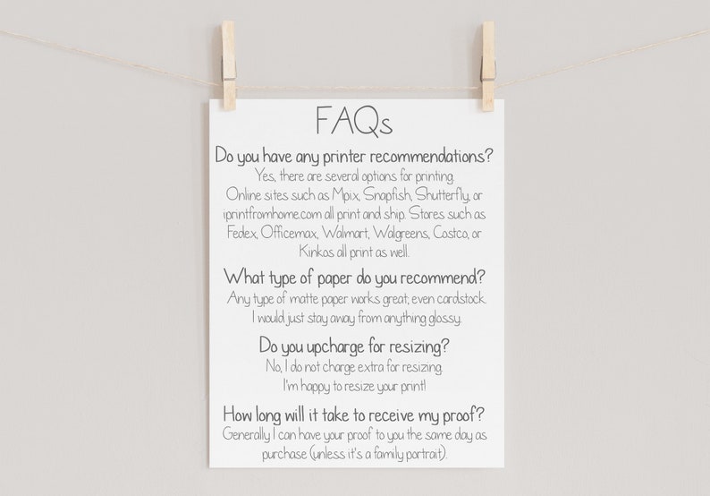 Pode incluir: Uma folha de papel branca com texto preto listando as perguntas frequentes (FAQ) sobre servi&ccedil;os de impress&atilde;o. O texto inclui perguntas sobre recomenda&ccedil;&otilde;es de impressoras, tipo de papel, redimensionamento e tempo de entrega das provas.