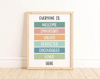 Everyone Is Welcome Here Print Boho Classroom Decor Diversity Inclusion Sign I am Loved Valued All Are Welcome Sign Mental Health Poster
