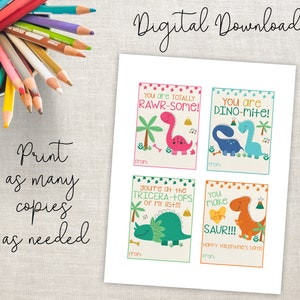 K&ouml;nnte beinhalten: Druckbare Valentinstagskarten mit Dinosaurier-Illustrationen und lustigen Spr&uuml;chen wie "Du bist total Rawr-some!" und "Du machst mein Herz Saur!!!".