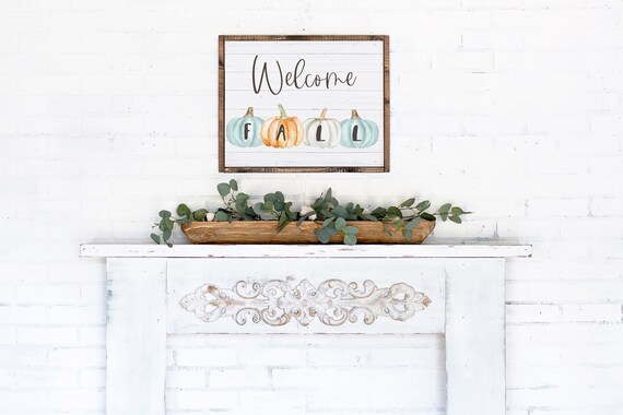 Welcome Fall Printable-Welcome Fall Sign-Fall Print-Fall Pumpkins Autumn Printable-Blue Orange Pumpkins-Farmhouse Fall Sign-Fall Wall Art