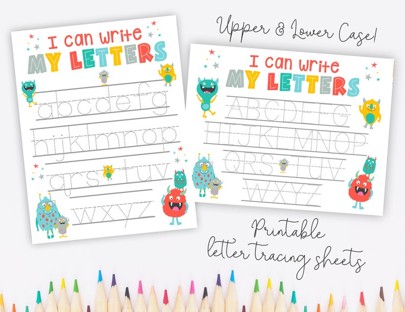 Puede incluir: Dos hojas de trabajo imprimibles de trazado de letras con ilustraciones de monstruos coloridos. Las hojas de trabajo incluyen letras may&uacute;sculas y min&uacute;sculas para que los ni&ntilde;os puedan practicar la escritura.