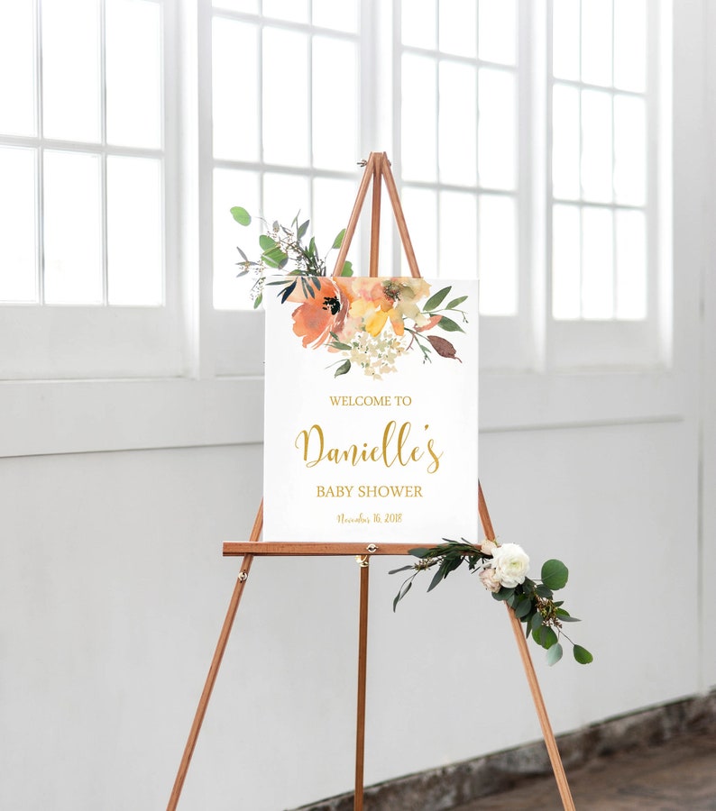Welcome Baby Shower Sign-Fall Baby Shower Printable-Baby Shower Sign-Peach Cream Baby Shower-Autumn Fall Flowers Shower-Digital Baby Shower