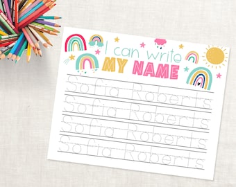 Hoja de caligrafía personalizada - Hoja de práctica de escritura a mano - Descarga de hoja de caligrafía personalizada - Práctica de nombres para jardín de infantes - Preescolar Arcoíris