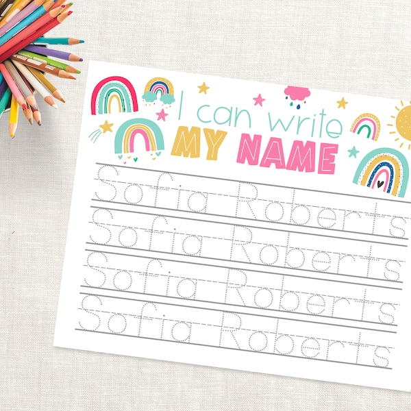 Custom Name Tracing Sheet-Handwriting Practice Sheet-Custom Personalized Name Tracing Download-Kindergarten Name Practice-Rainbow Preschool