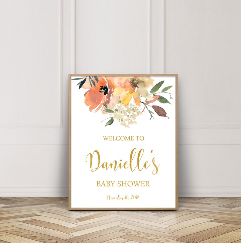 Welcome Baby Shower Sign-Fall Baby Shower Printable-Baby Shower Sign-Peach Cream Baby Shower-Autumn Fall Flowers Shower-Digital Baby Shower