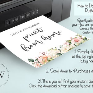 May include: A black printer feeding a white sheet of paper with the text YOU CAN EASILY print from home in black script and serif fonts, decorated with a floral arrangement of pink, peach, and white roses with green leaves and small white flowers.