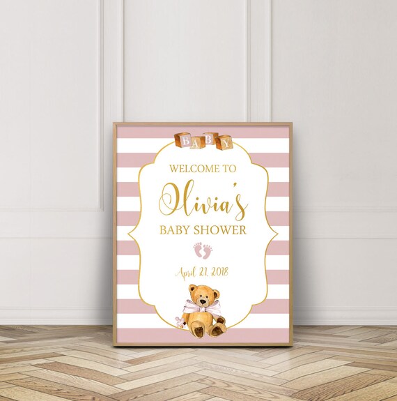 Welcome To Baby Shower Sign Printable-Baby Girl Shower Printable-Girl Themed Shower Sign-Teddy Bear Shower Print-Pink Stripes Gold Shower