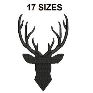 Puede incluir: Silueta negra de una cabeza de ciervo con cuernos. La imagen incluye el texto "17 SIZES".