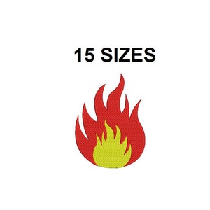 May include: A red and yellow flame graphic with the text "15 SIZES" above it.