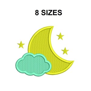 Op de afbeelding: Een gele halve maan met drie gele sterren en een lichtblauwe wolk. De afbeelding bevat de tekst "8 SIZES".