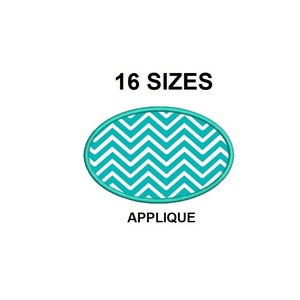 Puede incluir: Un diseño de aplique ovalado con un patrón de chevrón turquesa y un borde turquesa. El texto "16 TAMAÑOS" está encima del aplique, y la palabra "APPLIQUE" está debajo.