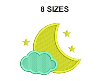 Moon and cloud embroidery design. Night embroidery design. Baby embroidery design. Cloud embroidery design. Moon embroidery design.