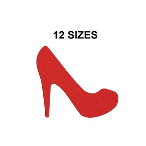 May include: Red high-heeled shoe with a rounded toe. 12 SIZES.