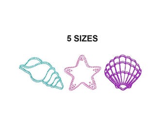 Shells Scribble Stitch embroidery Design. Shells Trio Scribble Embroidery. Shells embroidery design. shell embroidery