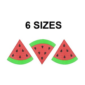 May include: Three watermelon slice embroidery designs in red, green, and black. The designs are available in six sizes.