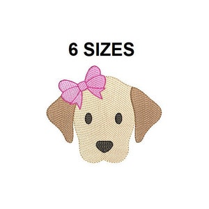 May include: Embroidered design of a yellow dog with a pink bow. The design is available in 6 sizes.