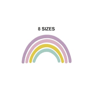 May include: A rainbow embroidery design with four layers of color: purple, pink, yellow, and light blue. The design says "8 SIZES" at the top.