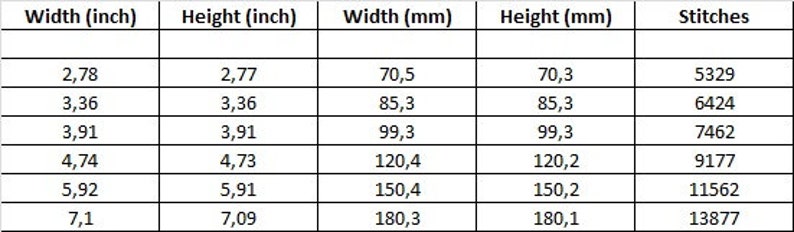 May include: A table showing the width and height of different sizes of embroidery hoops in both inches and millimeters, along with the number of stitches each hoop can hold.