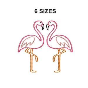 Puede incluir: Dos flamencos rosas se miran, con patas naranjas y ojos negros. Los flamencos están delineados en un color rosa más oscuro. La imagen incluye el texto "6 SIZES".
