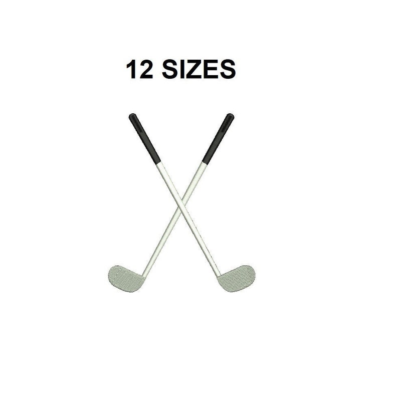 May include: Two crossed golf clubs with black handles and white shafts. The clubs have grey heads. The text "12 SIZES" is above the clubs.