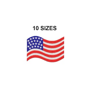 Puede incluir: Parche bordado de la bandera estadounidense con rayas rojas y blancas y un campo azul de estrellas blancas. El texto "10 SIZES" está encima de la bandera.