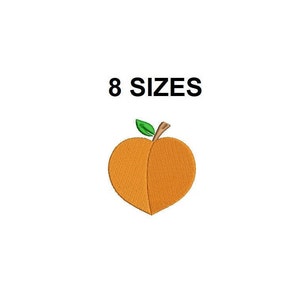 May include: An embroidered design of a peach with a green leaf and stem. The peach is orange and has a heart shape. The text "8 SIZES" is above the peach.