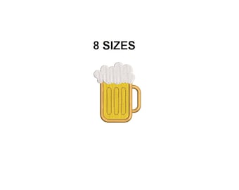 Könnte beinhalten: Ein gesticktes Design einer Bierkrüge mit Schaum oben, in Gelb und Weiß.