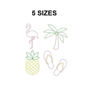 Sommer-Stickerei-Design. Sommer-Umriss-Stickerei. FlamingoDesign. Ananas-Design. Palmen-Stickerei-Design. Stickerei-Umriss. Satz