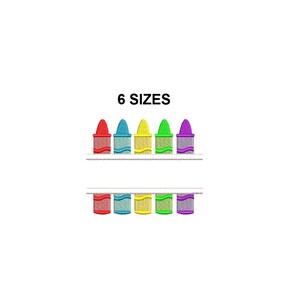 以下が含まれることがあります： 6つのカラフルなクレヨンが1列に並んでいます。クレヨンの上には「6 SIZES」という文字があります。クレヨンは虹色のパターンで並んでいます。赤、オレンジ、黄色、緑、青、紫です。