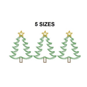 May include: Three green Christmas trees with gold stars on top. The trees are outlined in brown and have a simple design.