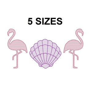 Puede incluir: Dos flamencos rosas y una concha de mar púrpura, con el texto "5 SIZES" encima.