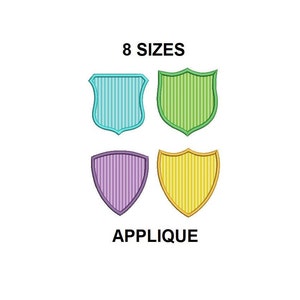 Puede incluir: Cuatro diseños de bordado de aplique de escudo a rayas en turquesa, verde, morado y amarillo. El texto "8 SIZES" y "APPLIQUE" está debajo de los diseños.
