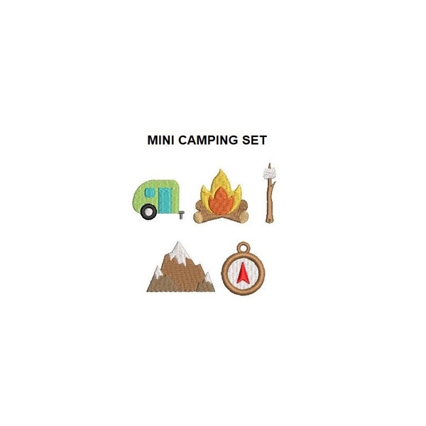 Mini Camping Set Embroidery design. Camper trailer embroidery design. Campfire embroidery design. Mountain design. Marshmallow design.