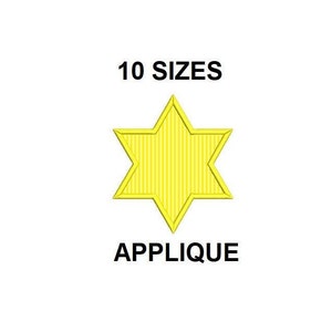 Könnte beinhalten: Eine gelbe, sechszackige Stern-Applikation mit einem gestreiften Muster. Der Text "10 SIZES" und "APPLIQUE" befindet sich unter dem Stern.