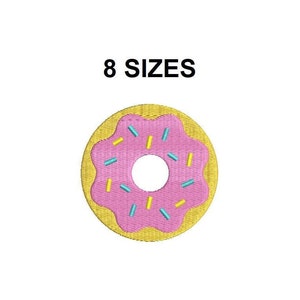 Könnte beinhalten: Ein rosafarbener und gelber Donut mit Streuseln. Der Donut ist ein einfaches Design mit einem Loch in der Mitte.