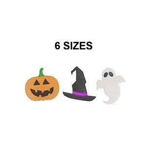 Puede incluir: Tres diseños de bordado con temática de Halloween: una calabaza, un sombrero de bruja y un fantasma. Los diseños son en negro, naranja, morado y blanco.