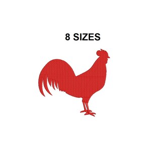 May include: Red rooster silhouette embroidery design, available in 8 sizes.