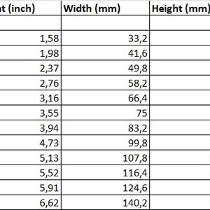 May include: Table showing the width and height of embroidery hoops in inches and millimeters, along with the corresponding number of stitches. The table includes measurements from 1.31 inches to 5.52 inches.
