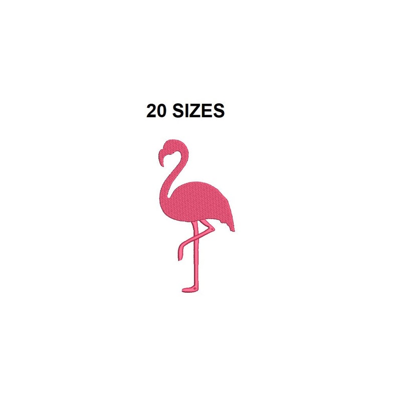 May include: Pink flamingo silhouette embroidery design. 20 sizes included.