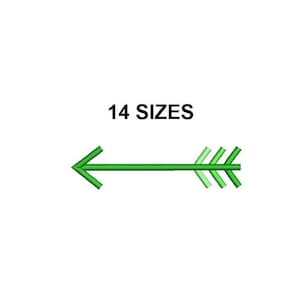 May include: Green arrow pointing to the left with 14 sizes text above it.